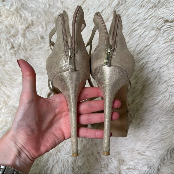 Pelle Moda Gold Strappy Platform Heels sandals back zip closure leather Size 10 - Picture 4 of 12